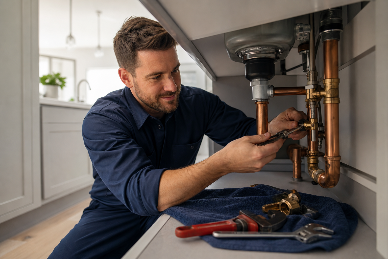 Plumbing Technician Repairing Copper Pipes in Modern Kitchen